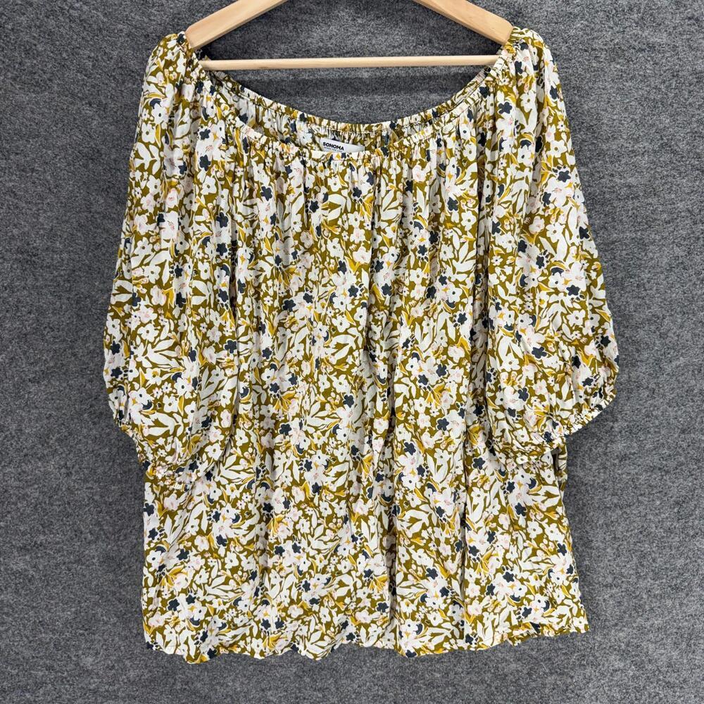 Sonoma Blouse Women 4X Plus Green Floral 3/4 Sleeve Round Neck Cotton Casual